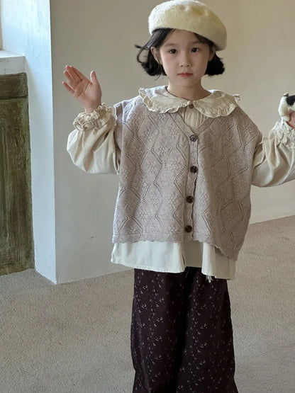 長袖セットアップ キッズトップス/ベスト/パンツ フリル襟長袖ブラウス/フラワーエンボスレースニットジレベスト/フラワープリントワイドパンツ【mh0007362】