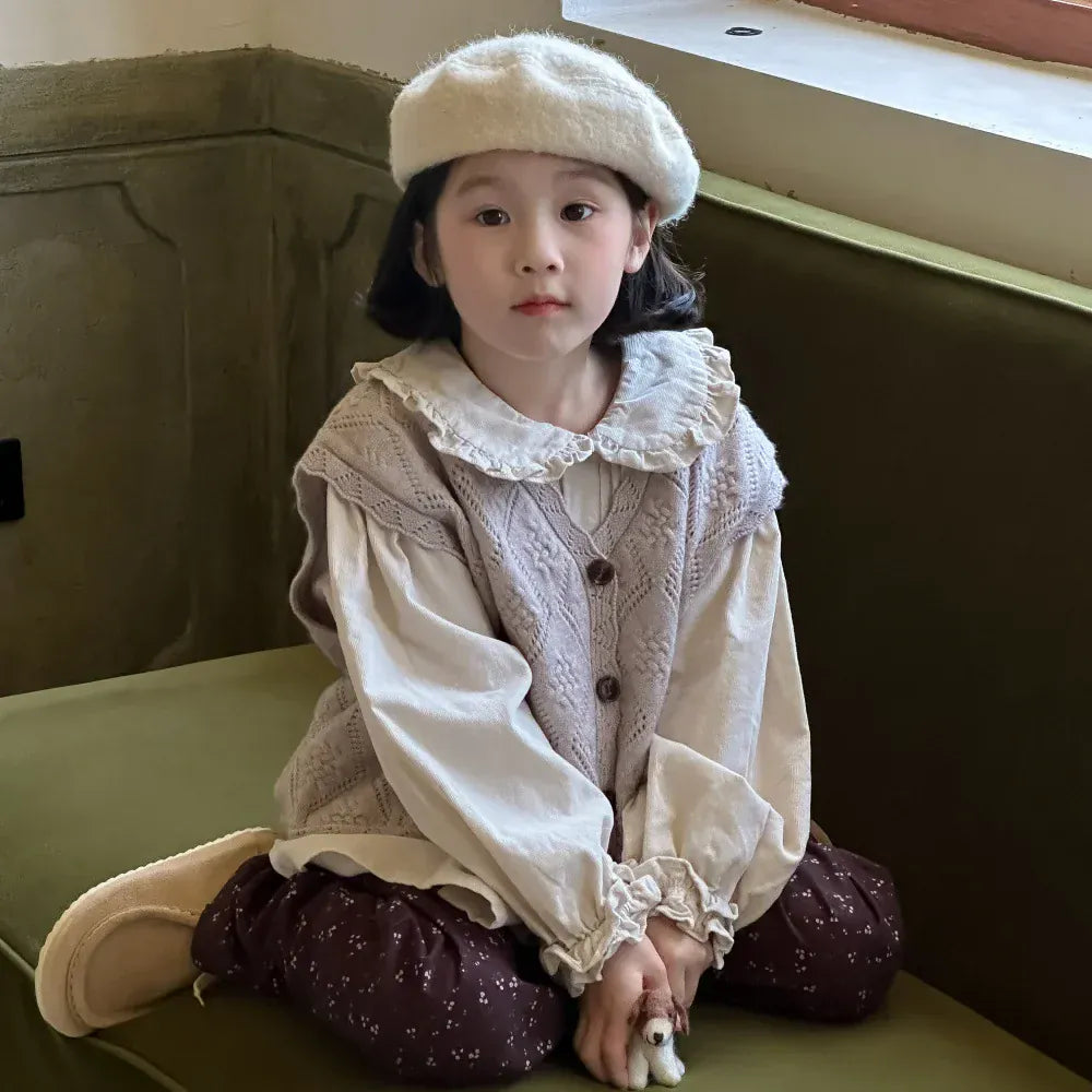 長袖セットアップ キッズトップス/ベスト/パンツ フリル襟長袖ブラウス/フラワーエンボスレースニットジレベスト/フラワープリントワイドパンツ【mh0007362】