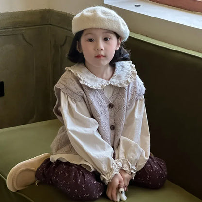 長袖セットアップ キッズトップス/ベスト/パンツ フリル襟長袖ブラウス/フラワーエンボスレースニットジレベスト/フラワープリントワイドパンツ【mh0007362】