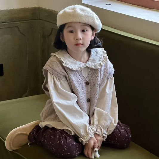 長袖セットアップ キッズトップス/ベスト/パンツ フリル襟長袖ブラウス/フラワーエンボスレースニットジレベスト/フラワープリントワイドパンツ【mh0007362】