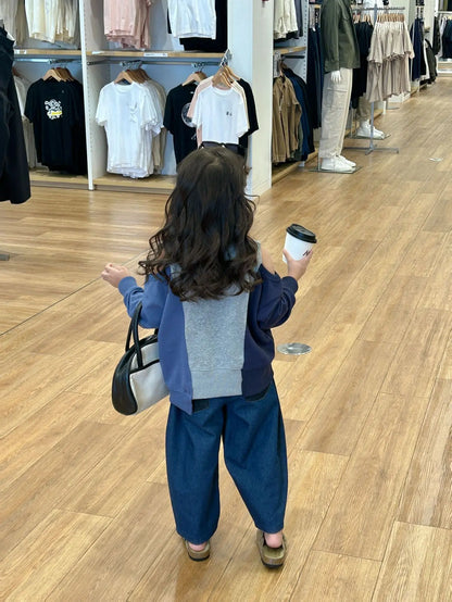 長袖セットアップ キッズトップス/パンツ オープンショルダーパッチワークアシメ長袖スウェットシャツ/パッチワークバナナデニムパンツジーンズ【mh0007371】