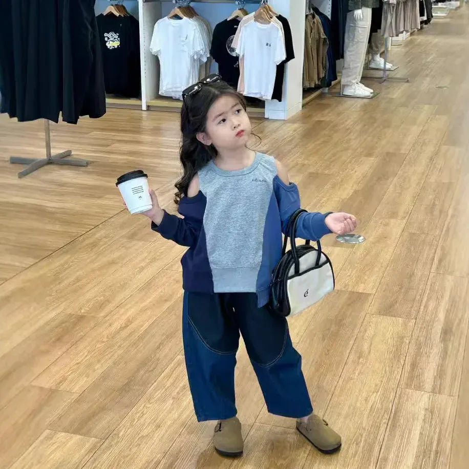 長袖セットアップ キッズトップス/パンツ オープンショルダーパッチワークアシメ長袖スウェットシャツ/パッチワークバナナデニムパンツジーンズ【mh0007371】