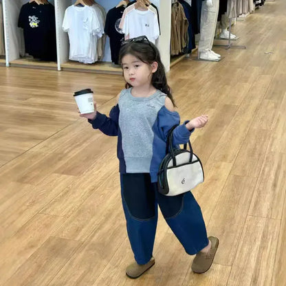 長袖セットアップ キッズトップス/パンツ オープンショルダーパッチワークアシメ長袖スウェットシャツ/パッチワークバナナデニムパンツジーンズ【mh0007371】