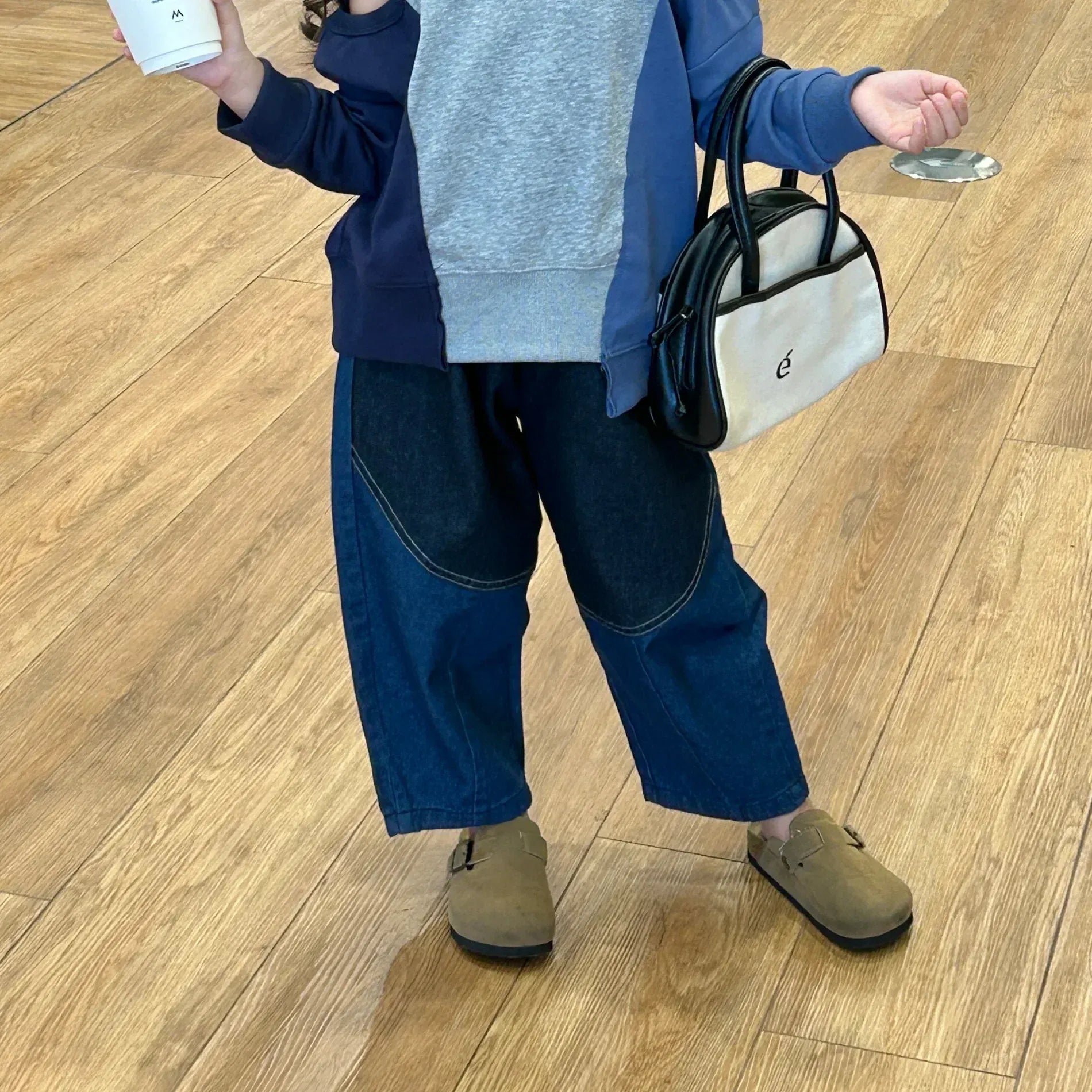 長袖セットアップ キッズトップス/パンツ オープンショルダーパッチワークアシメ長袖スウェットシャツ/パッチワークバナナデニムパンツジーンズ【mh0007371】