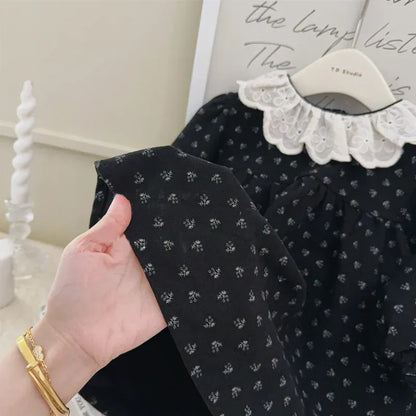 長袖ワンピース キッズワンピース レースラッフル襟フラワープリント長袖ワンピース ブラック【mh0007372】