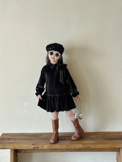 長袖ワンピース キッズワンピース ビッグリボンフェイクベルベットウエストマーク長袖ドレスワンピース ダークコーヒー【mh0007374】