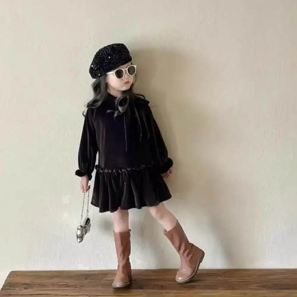 長袖ワンピース キッズワンピース ビッグリボンフェイクベルベットウエストマーク長袖ドレスワンピース ダークコーヒー【mh0007374】