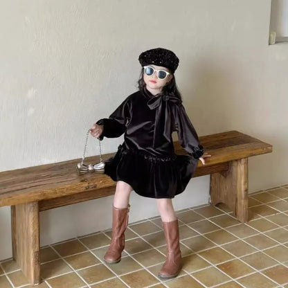 長袖ワンピース キッズワンピース ビッグリボンフェイクベルベットウエストマーク長袖ドレスワンピース ダークコーヒー【mh0007374】