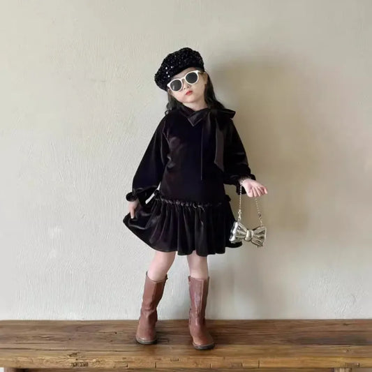 長袖ワンピース キッズワンピース ビッグリボンフェイクベルベットウエストマーク長袖ドレスワンピース ダークコーヒー【mh0007374】