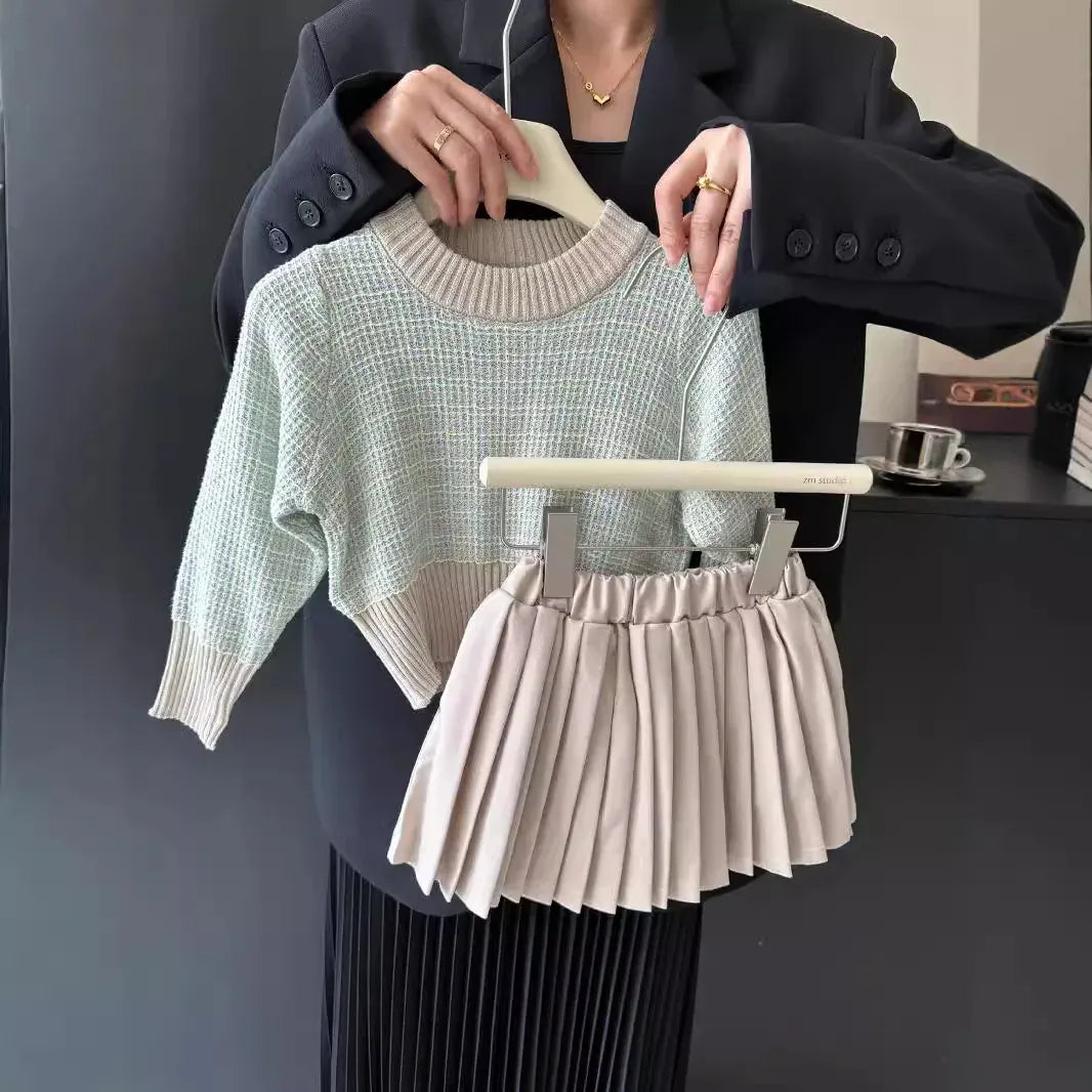 長袖セットアップ キッズトップス/スカート ジャガードニットチェックバイカラー長袖セーター/プリーツミニスカート【mh0007376】