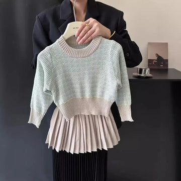 長袖セットアップ キッズトップス/スカート ジャガードニットチェックバイカラー長袖セーター/プリーツミニスカート【mh0007376】