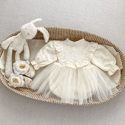 長袖ロンパース ベビーロンパース チュチュチュールスカートドッキングエンボスフリル長袖ボディスーツベビードレス アプリコット【mh0007380】