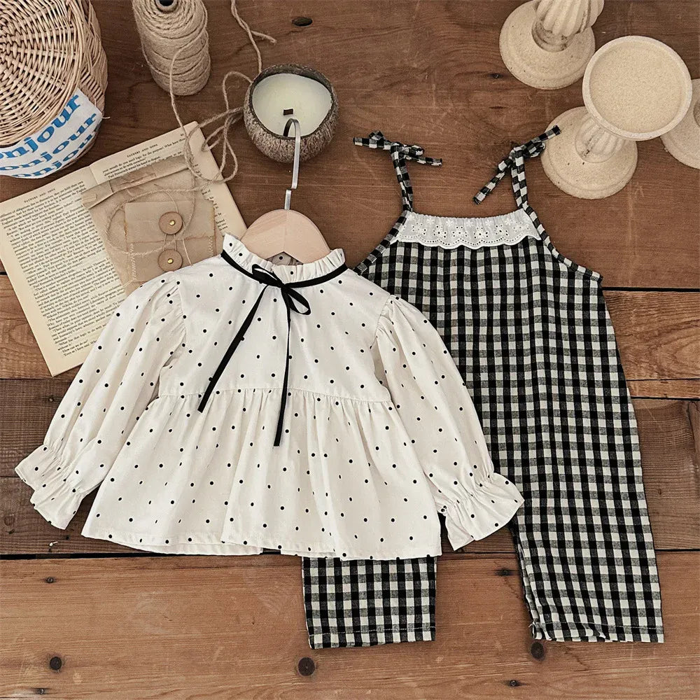 長袖セットアップ ベビートップス/ジャンプスーツ 水玉ドットプリントスタンドフリルカラー長袖チュニックブラウス/チェックサスペンダーサロペットパンツ【mh0007389】