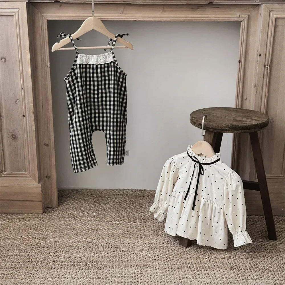 長袖セットアップ ベビートップス/ジャンプスーツ 水玉ドットプリントスタンドフリルカラー長袖チュニックブラウス/チェックサスペンダーサロペットパンツ【mh0007389】
