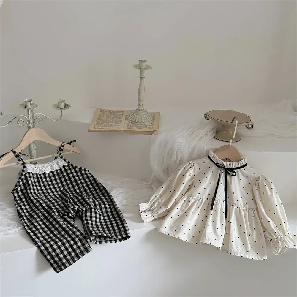 長袖セットアップ ベビートップス/ジャンプスーツ 水玉ドットプリントスタンドフリルカラー長袖チュニックブラウス/チェックサスペンダーサロペットパンツ【mh0007389】