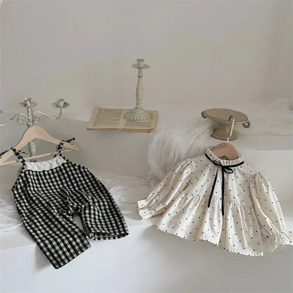 長袖セットアップ ベビートップス/ジャンプスーツ 水玉ドットプリントスタンドフリルカラー長袖チュニックブラウス/チェックサスペンダーサロペットパンツ【mh0007389】