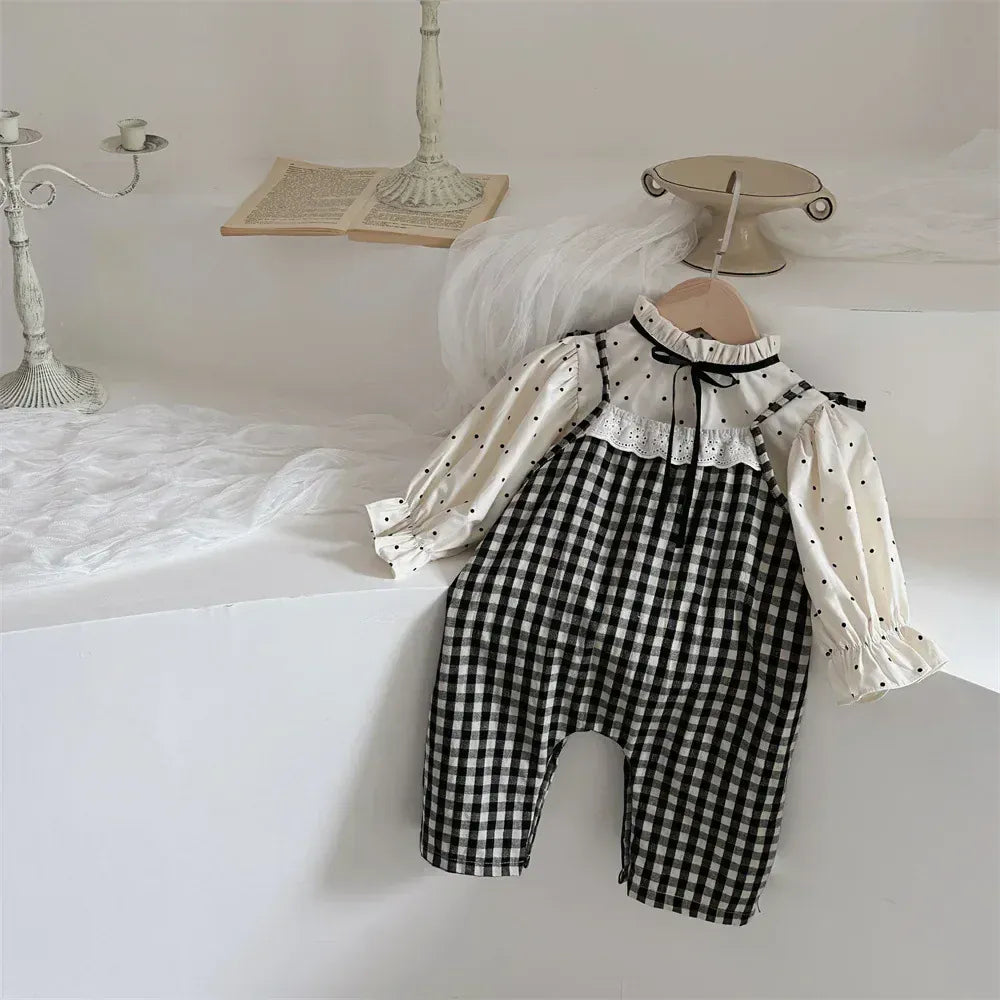 長袖セットアップ ベビートップス/ジャンプスーツ 水玉ドットプリントスタンドフリルカラー長袖チュニックブラウス/チェックサスペンダーサロペットパンツ【mh0007389】