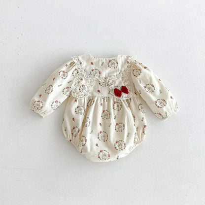 長袖ロンパース ベビーロンパース フラワーうさぎプリントレース丸襟長袖ボディスーツ アプリコット【mh0007398】