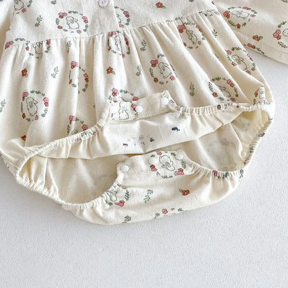 長袖ロンパース ベビーロンパース フラワーうさぎプリントレース丸襟長袖ボディスーツ アプリコット【mh0007398】