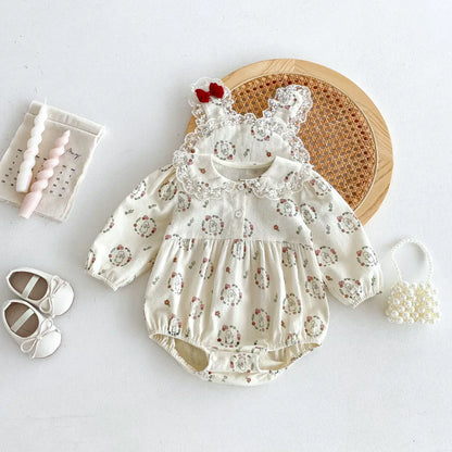 長袖ロンパース ベビーロンパース フラワーうさぎプリントレース丸襟長袖ボディスーツ アプリコット【mh0007398】