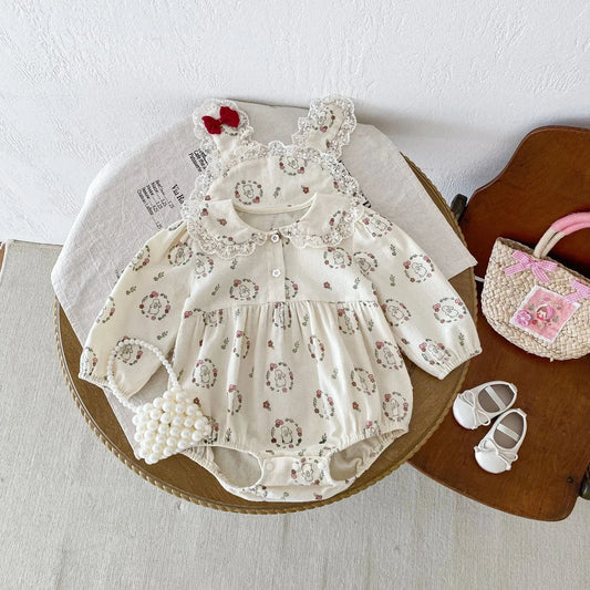 長袖ロンパース ベビーロンパース フラワーうさぎプリントレース丸襟長袖ボディスーツ アプリコット【mh0007398】