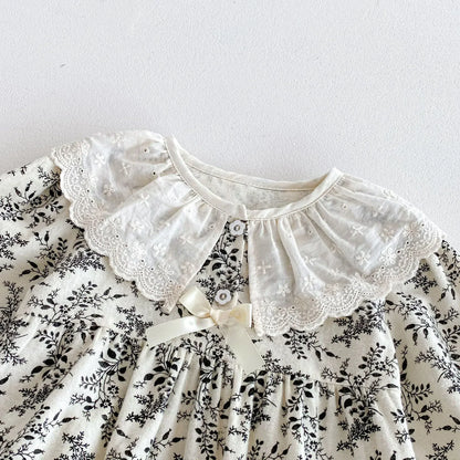 長袖ロンパース ベビーロンパース レース襟フラワープリント長袖ボディスーツ【mh0007400】