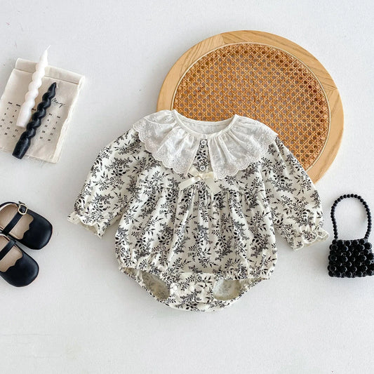 長袖ロンパース ベビーロンパース レース襟フラワープリント長袖ボディスーツ【mh0007400】