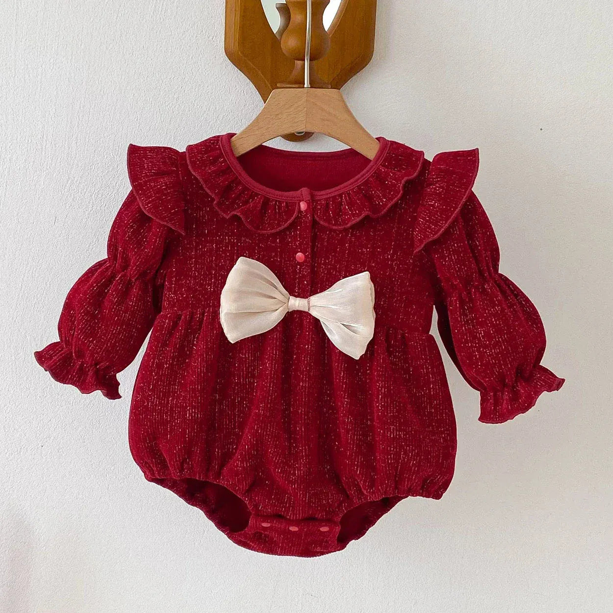 長袖ロンパース ベビーロンパース リボン長袖バブルスリーブショルダーフリル襟付きボディスーツ レッド【mh0007402】