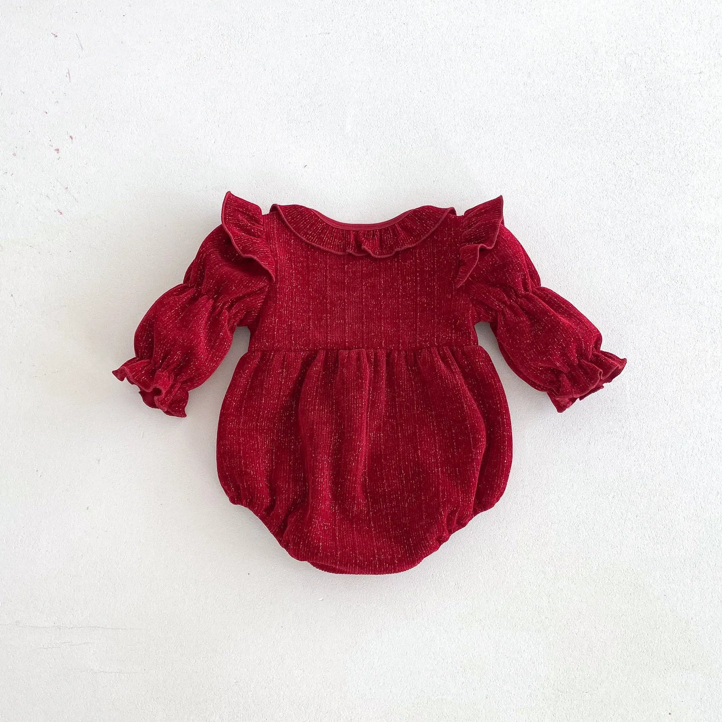 長袖ロンパース ベビーロンパース リボン長袖バブルスリーブショルダーフリル襟付きボディスーツ レッド【mh0007402】