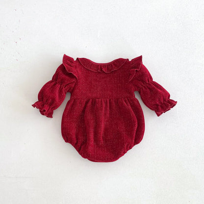 長袖ロンパース ベビーロンパース リボン長袖バブルスリーブショルダーフリル襟付きボディスーツ レッド【mh0007402】