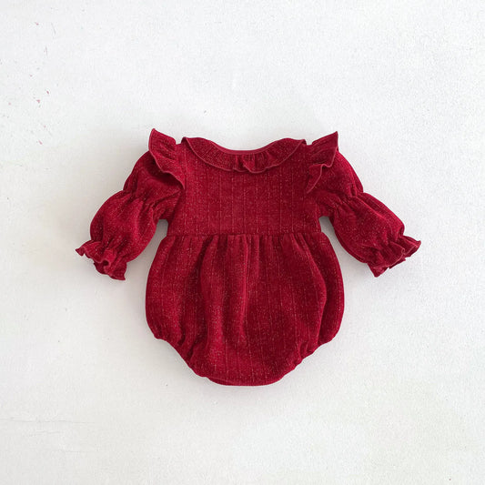 長袖ロンパース ベビーロンパース リボン長袖バブルスリーブショルダーフリル襟付きボディスーツ レッド【mh0007402】
