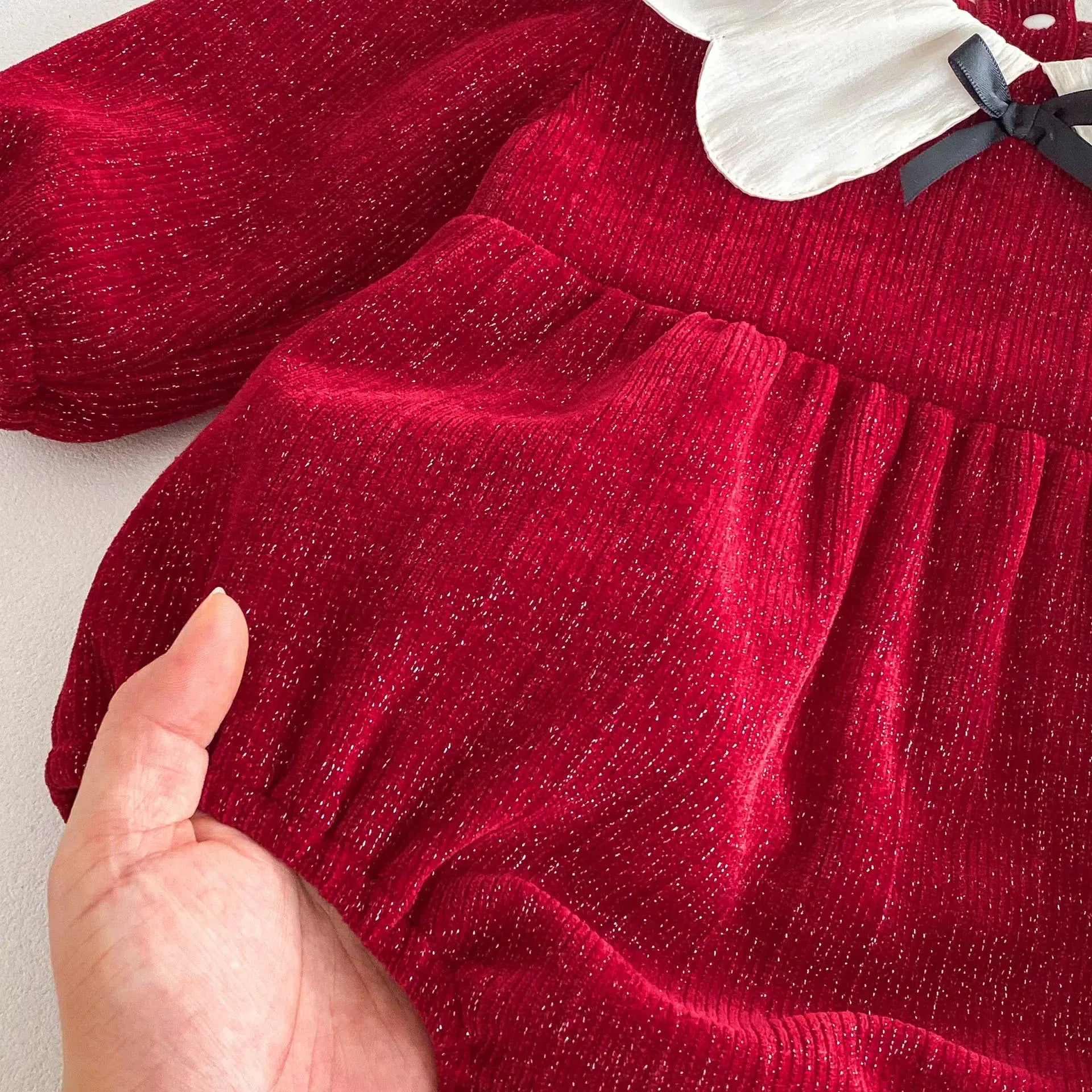 長袖ロンパース ベビーロンパース フラワー襟長袖ボディスーツ レッド【mh0007407】