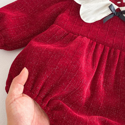 長袖ロンパース ベビーロンパース フラワー襟長袖ボディスーツ レッド【mh0007407】