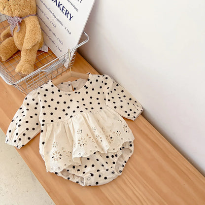長袖ロンパース ベビーロンパース レーススカートドッキング水玉ドットプリント長袖ボディスーツ【mh0007412】