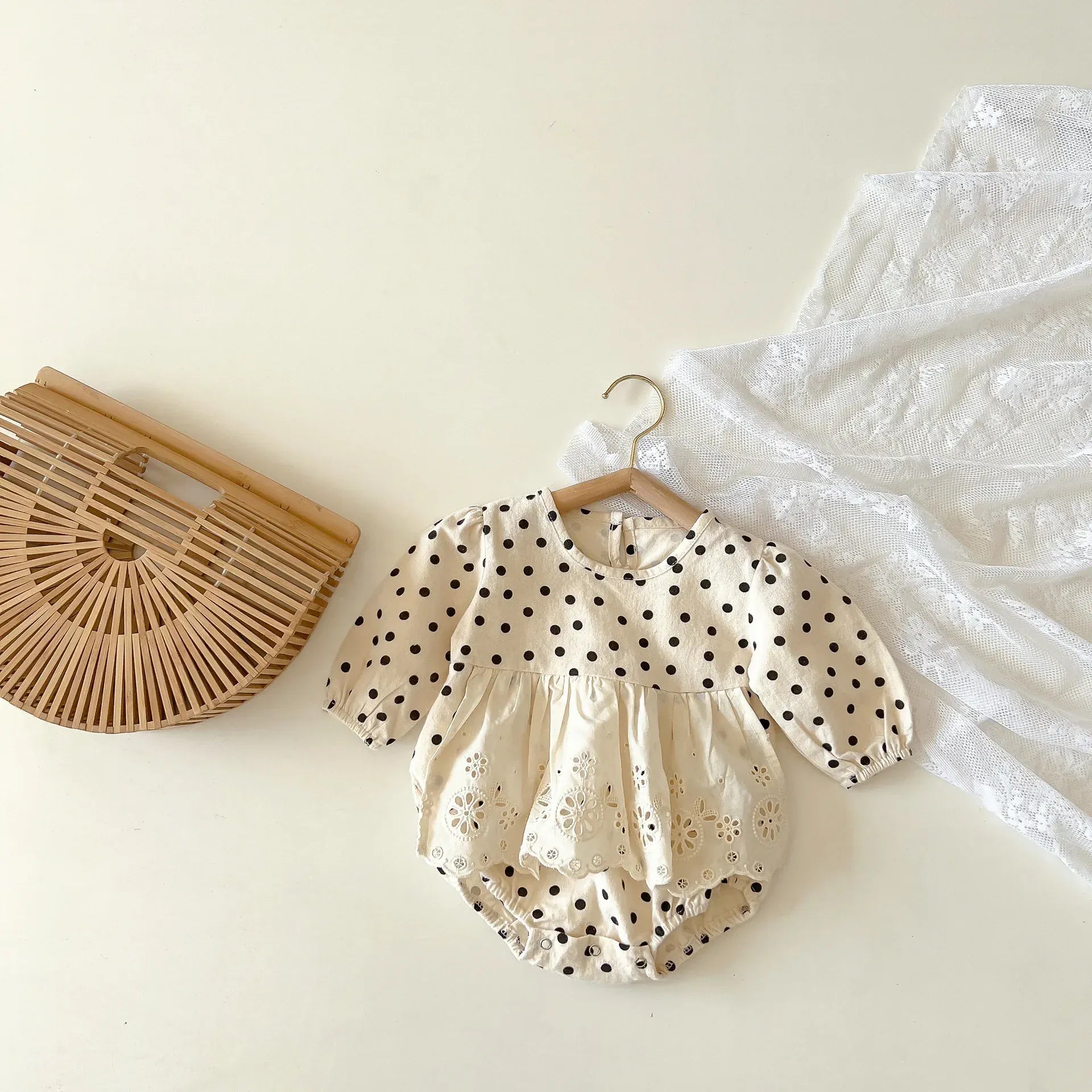 長袖ロンパース ベビーロンパース レーススカートドッキング水玉ドットプリント長袖ボディスーツ【mh0007412】