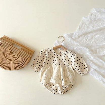 長袖ロンパース ベビーロンパース レーススカートドッキング水玉ドットプリント長袖ボディスーツ【mh0007412】
