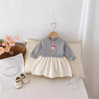 長袖ワンピース ベビーキッズワンピース うさぎバニー刺繍バイカラー長袖ニットワンピース【mh0007413】
