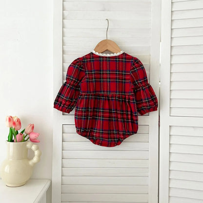 長袖ロンパース ベビーロンパース/キッズワンピース タータンチェックレース縁取り長袖ボディスーツ/ワンピース リンクコーデ 姉妹 お揃いコーデ【mh0007419】