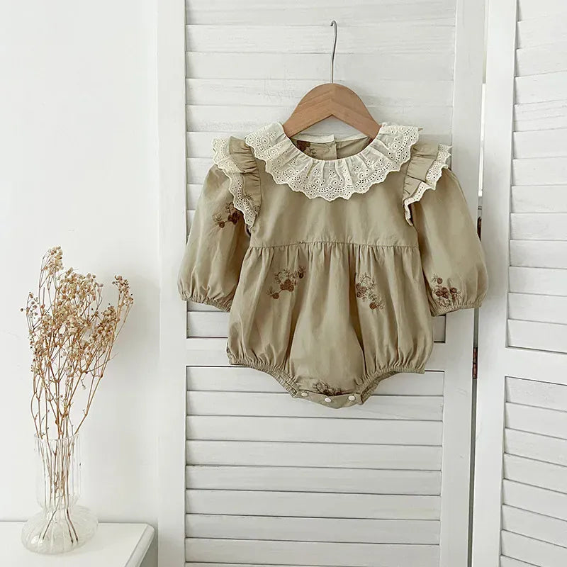 長袖ロンパース ベビーロンパース/キッズワンピース レースラッフル襟ショルダーフリルフラワープリント長袖ボディスーツ/ワンピース リンクコーデ 姉妹 お揃いコーデ【mh0007420】