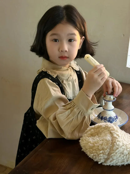 長袖セットアップ キッズトップス/ワンピース フリル丸襟シャツブラウス/フラワープリントサスペンダーワンピース【mh0007421】