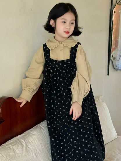 長袖セットアップ キッズトップス/ワンピース フリル丸襟シャツブラウス/フラワープリントサスペンダーワンピース【mh0007421】