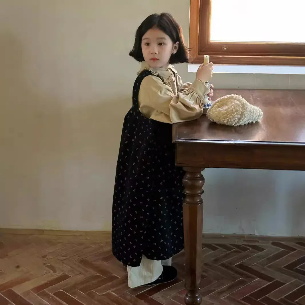 長袖セットアップ キッズトップス/ワンピース フリル丸襟シャツブラウス/フラワープリントサスペンダーワンピース【mh0007421】