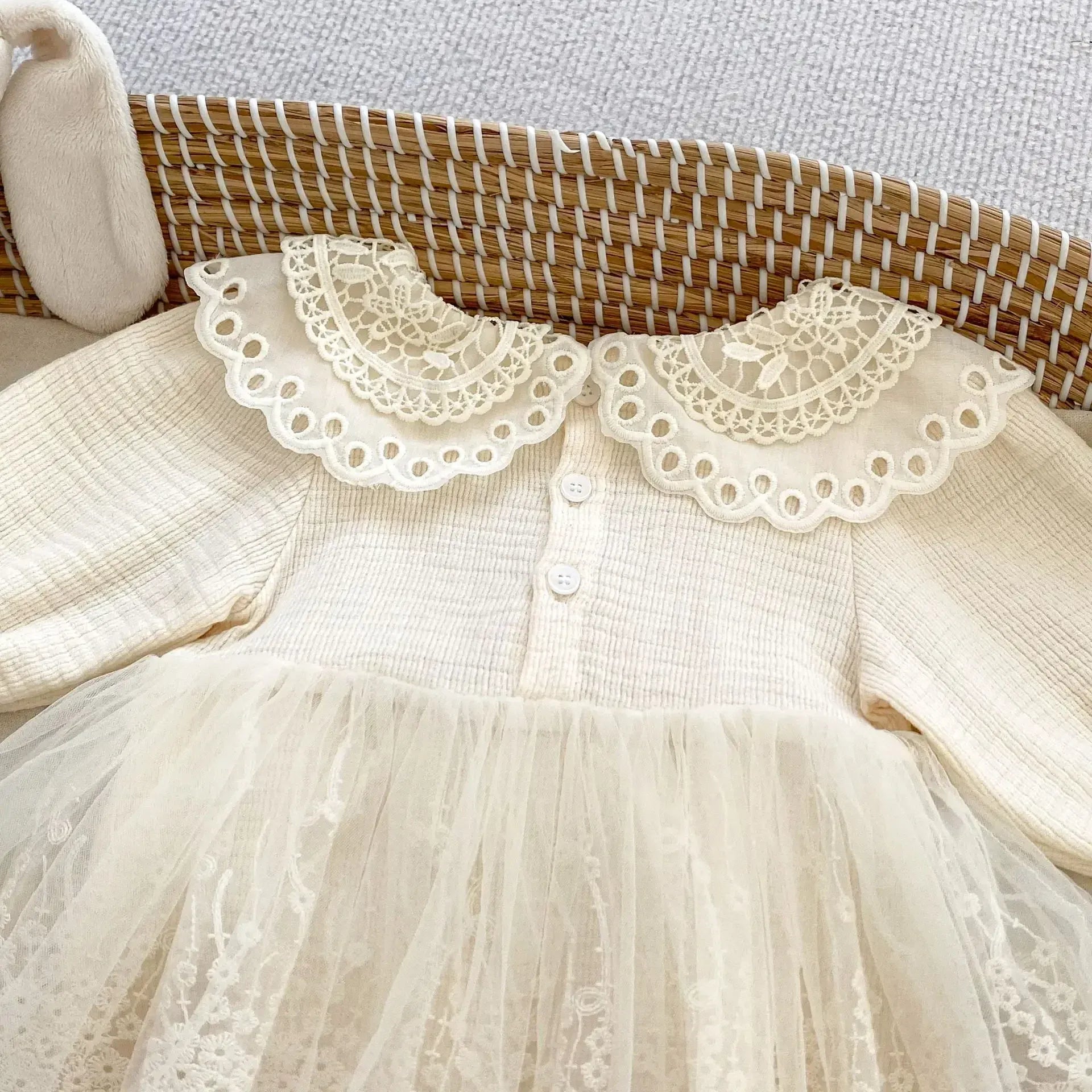 長袖ロンパース ベビーロンパース レース襟レーススカートドッキング長袖ボディスーツ セレモニードレス【mh0007460】