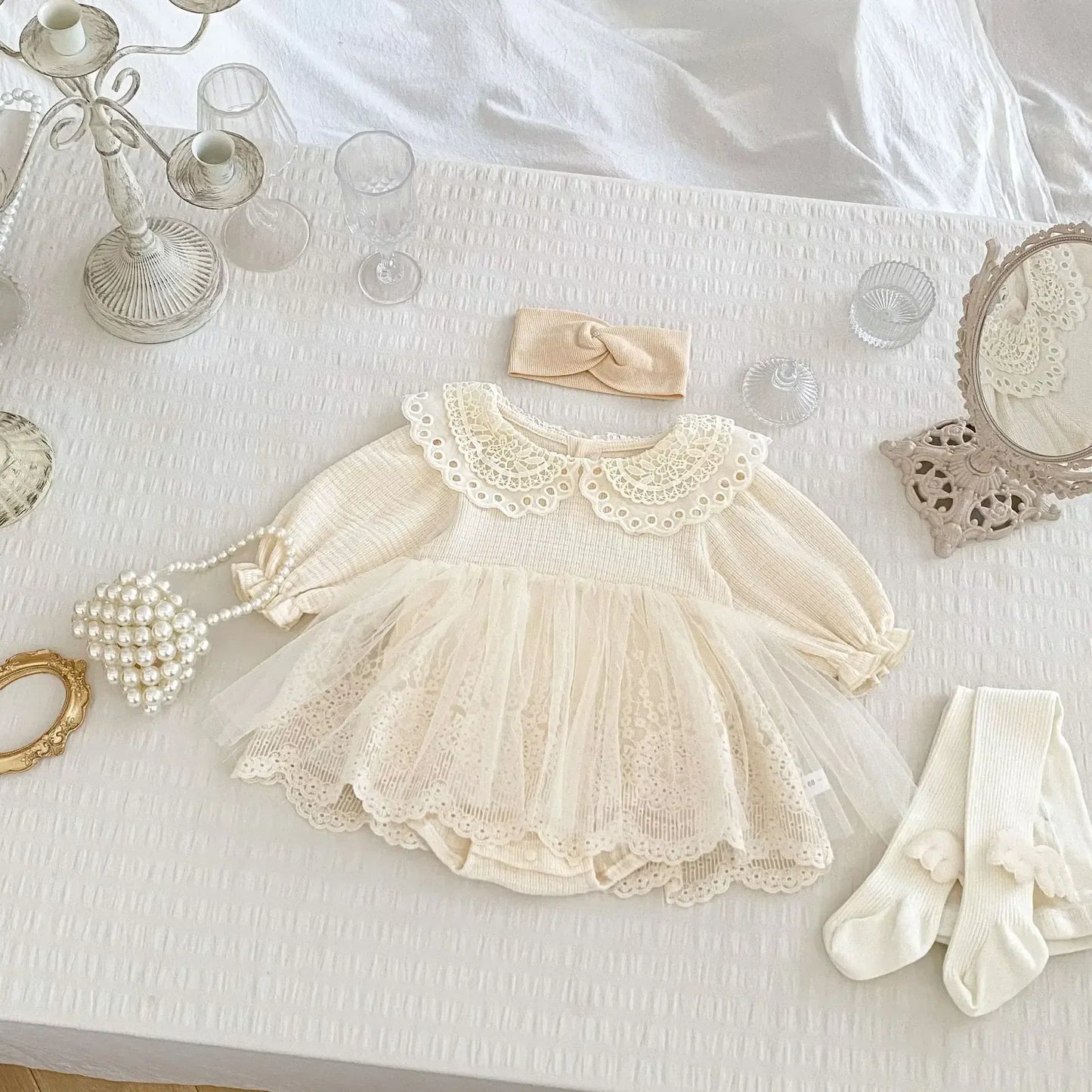 長袖ロンパース ベビーロンパース レース襟レーススカートドッキング長袖ボディスーツ セレモニードレス【mh0007460】