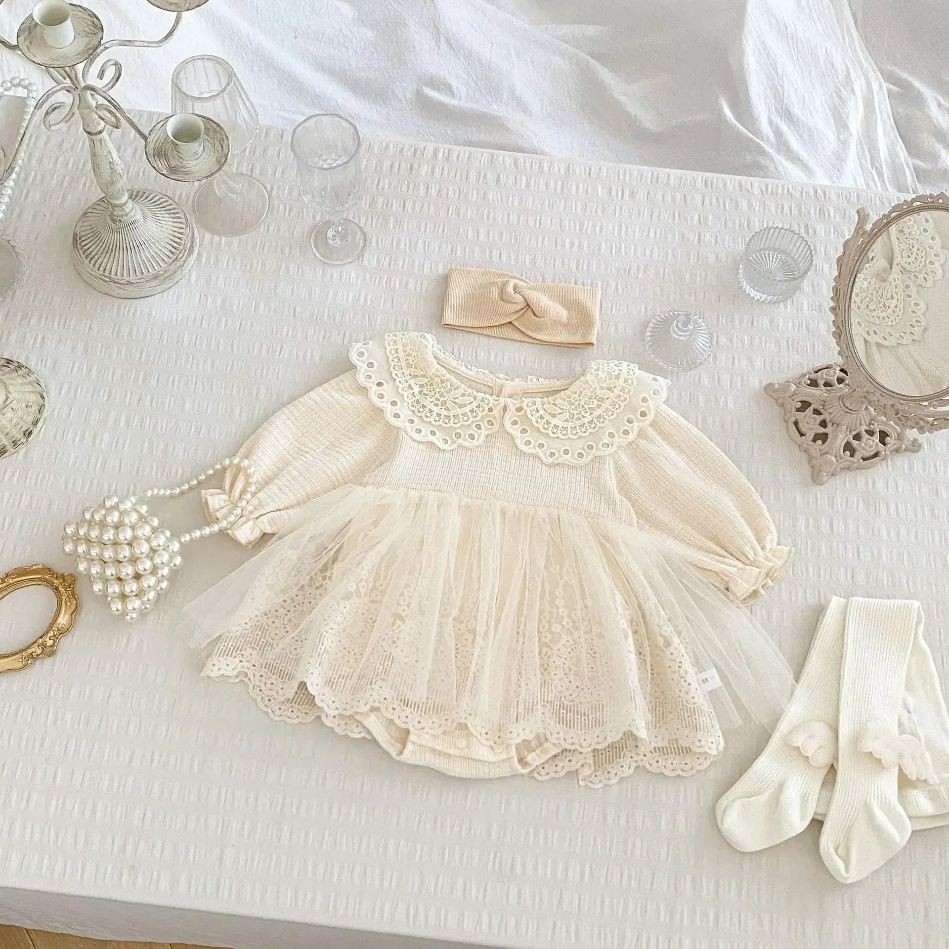 長袖ロンパース ベビーロンパース レース襟レーススカートドッキング長袖ボディスーツ セレモニードレス【mh0007460】