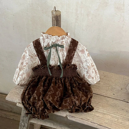 長袖セットアップ ベビートップス/パンツ スタンドフリルカラーリボン長袖チュニックブラウス/コーデュロイサスペンダーバルーンサロペットパンツ【mh0007463】