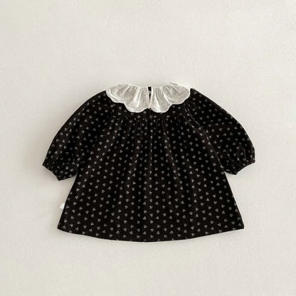 長袖ワンピース キッズワンピース ラッフル襟フラワープリントレトロ長袖ワンピース【mh0007465】