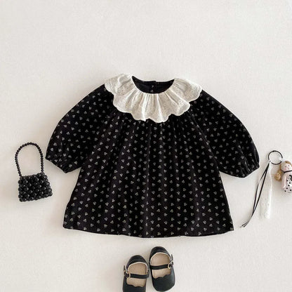 長袖ワンピース キッズワンピース ラッフル襟フラワープリントレトロ長袖ワンピース【mh0007465】