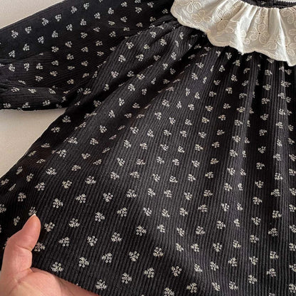 長袖ワンピース キッズワンピース ラッフル襟フラワープリントレトロ長袖ワンピース【mh0007465】