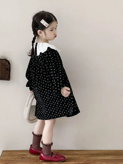 長袖ワンピース キッズワンピース ラッフル襟フラワープリントレトロ長袖ワンピース【mh0007465】